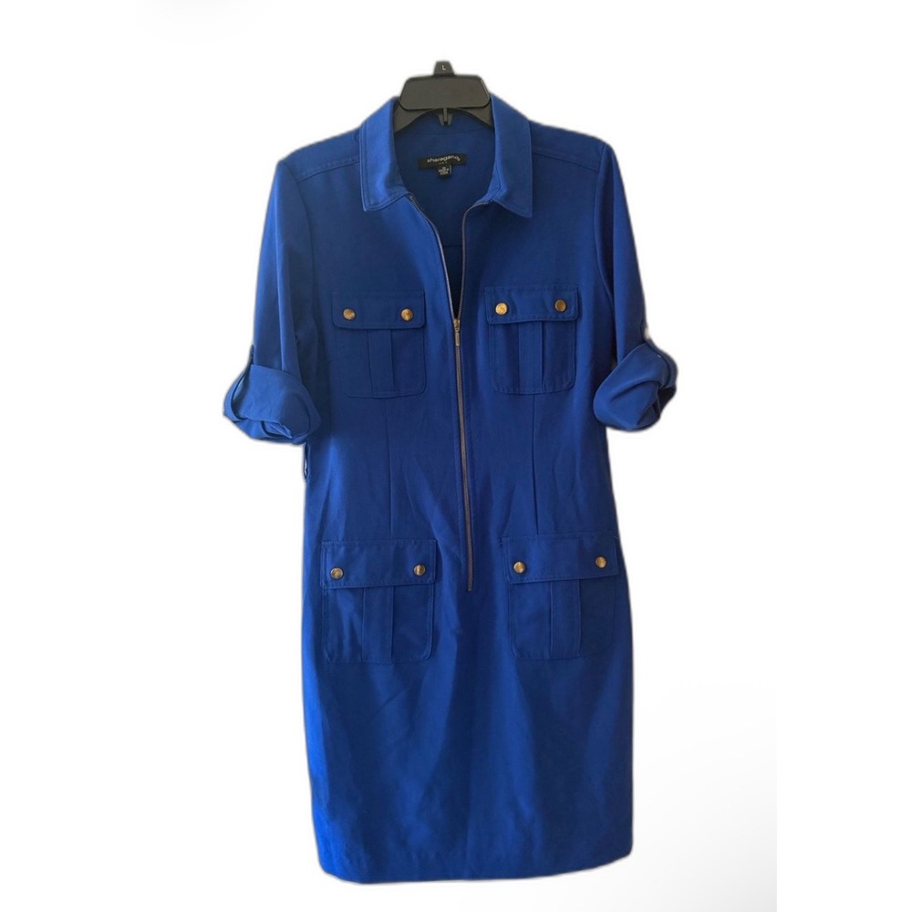 Sharagano Woman Royal Blue Utility Zip Front Shirt Dress Plus Size 16W Gold Trim